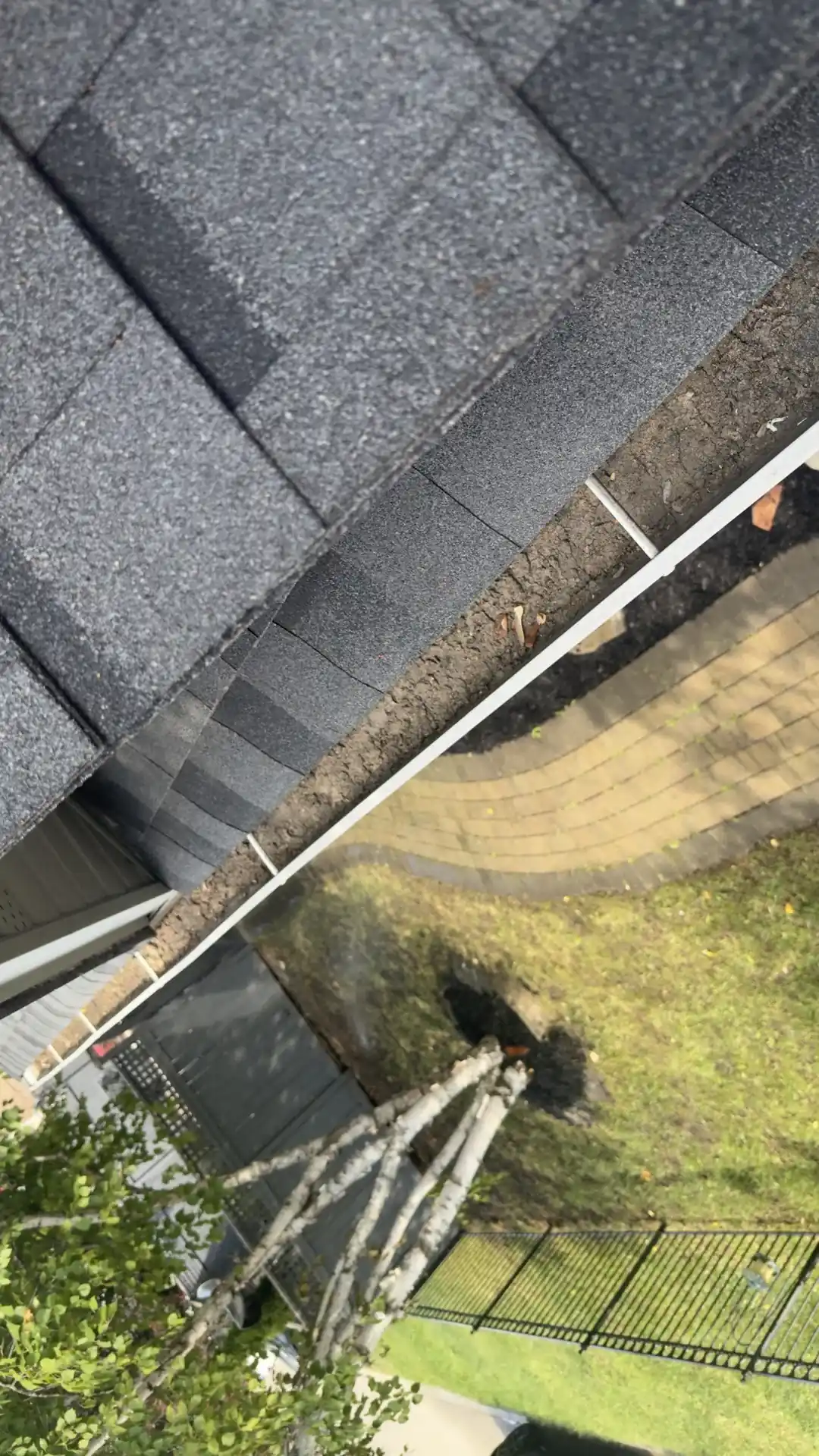 Gutter cleaning in fall with leaves on a Kitchener Ontario home